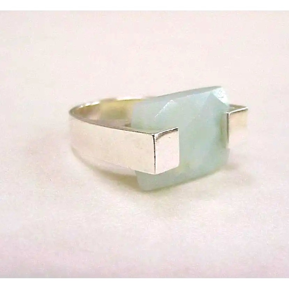 Modernist Style Statement Ring Faceted Green Quartz & Sterling Silver